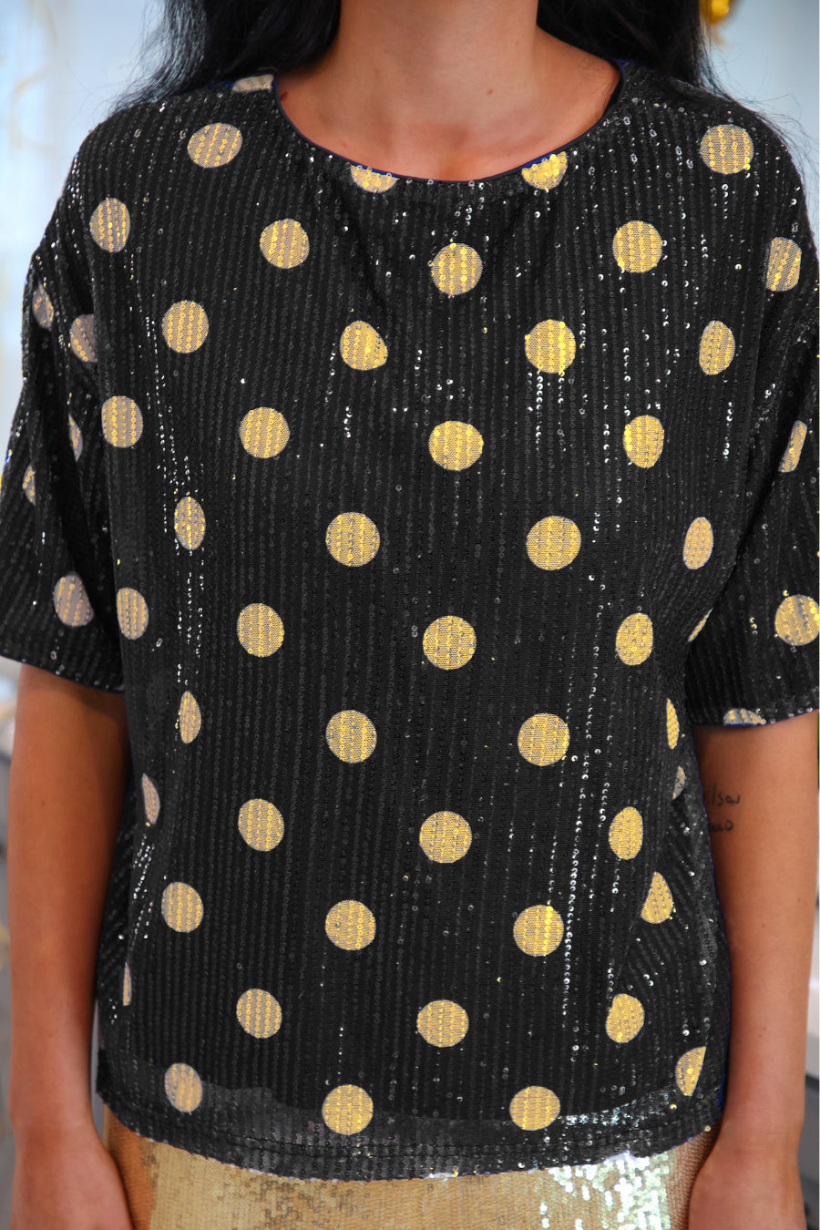 PREORDER- Polka Dot Pop Sequin Top- Black/Gold