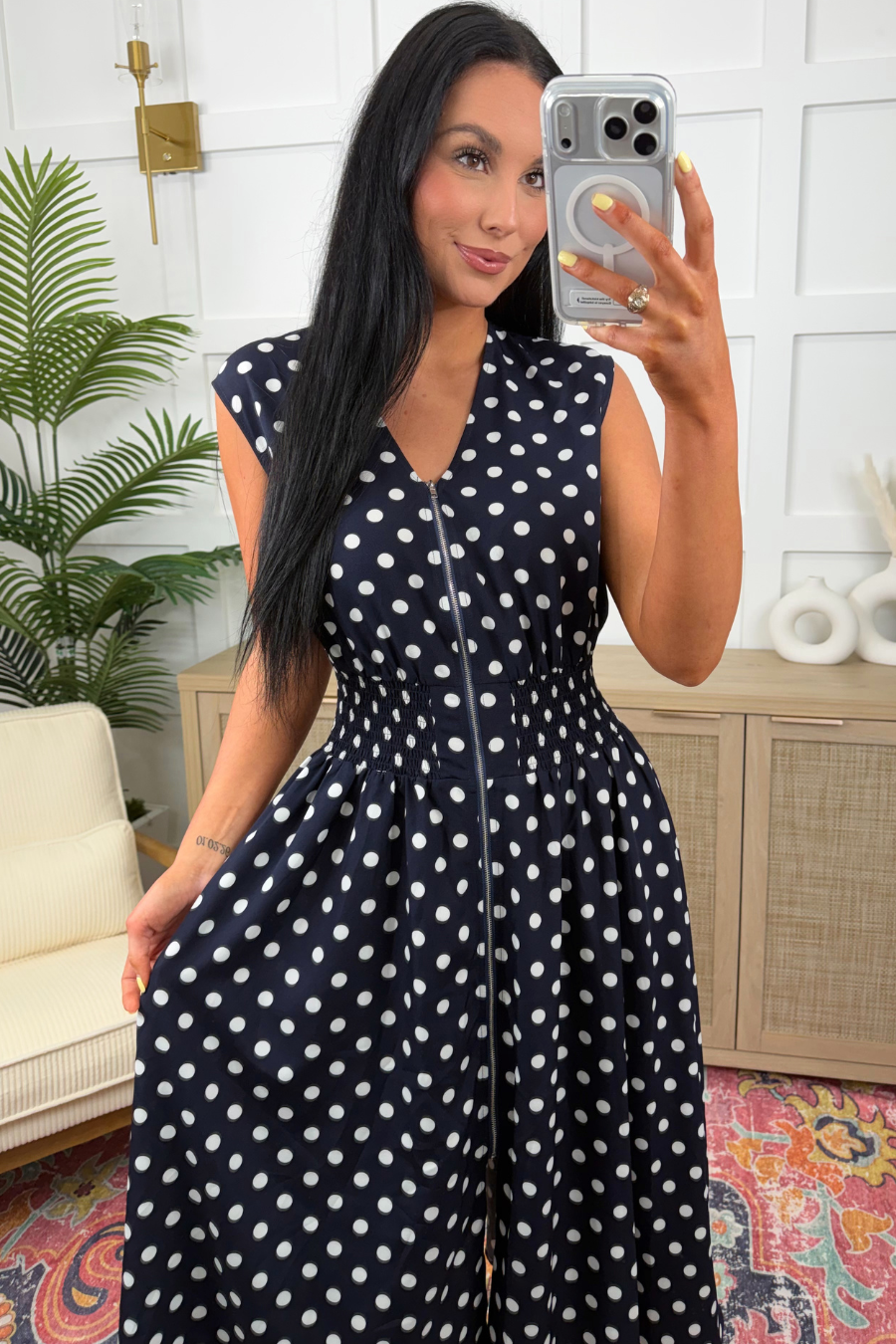 Annie Midi Zipper Dress- Navy Polka Dot