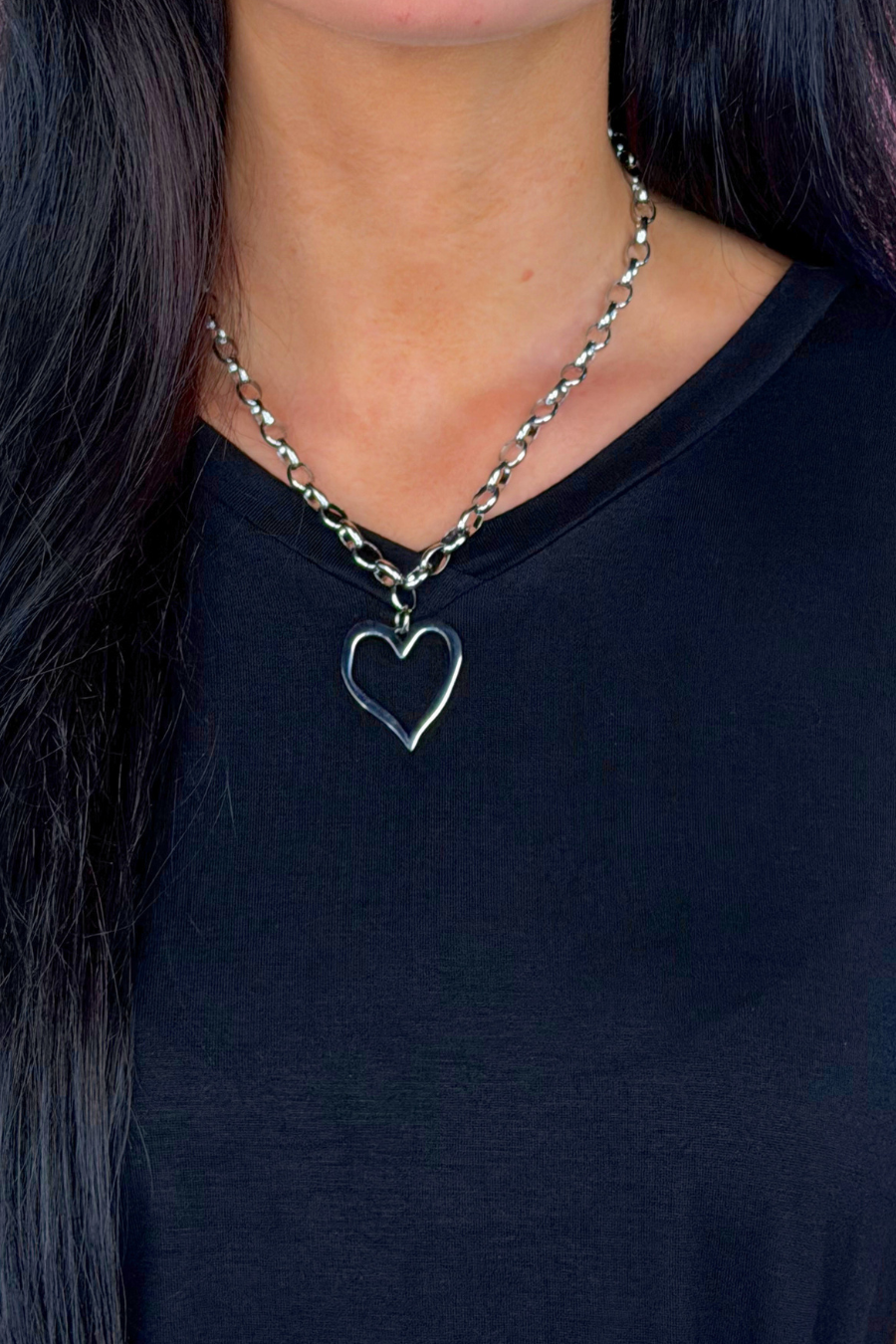 Open Heart Chain Necklace- Silver