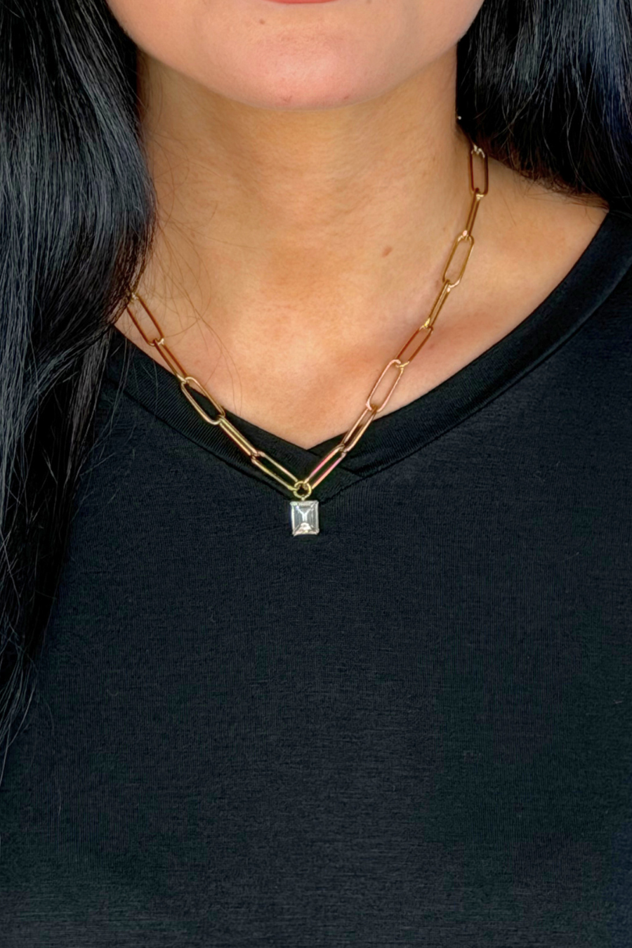 Paperclip Chain Necklace- Gold/Crystal