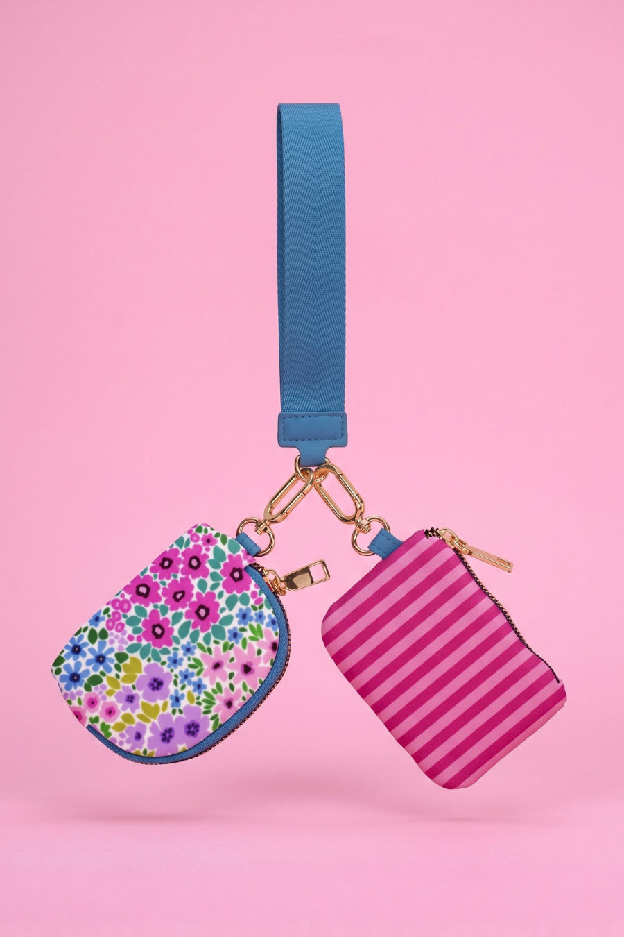 PREORDER- Double Pouch Wristlet- Falling for Florals/Bubblegum Stripes