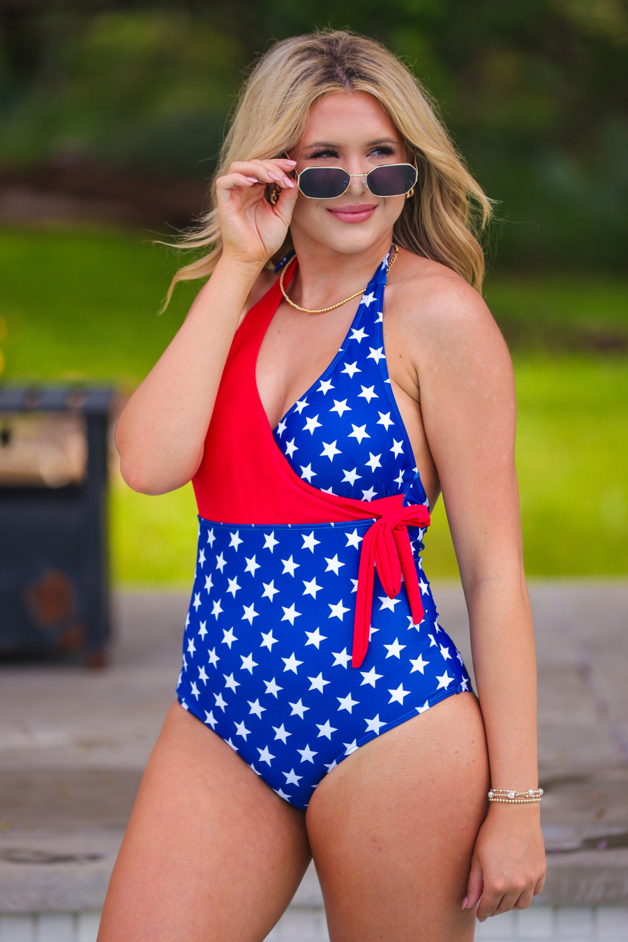 Liberty Wave Halter Swimsuit, Red/Blue
