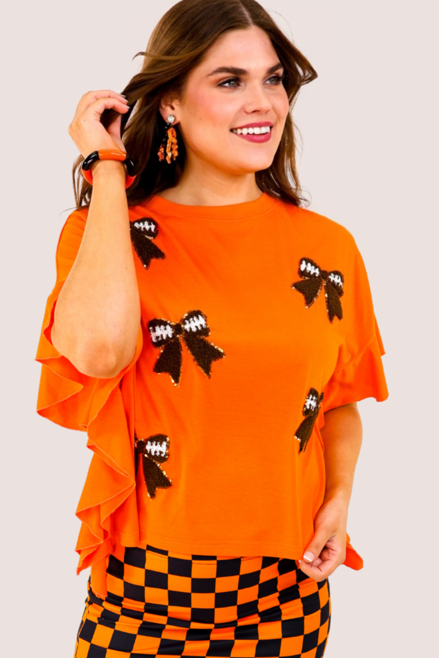 Sideline Sparkle Ruffle Top- Orange