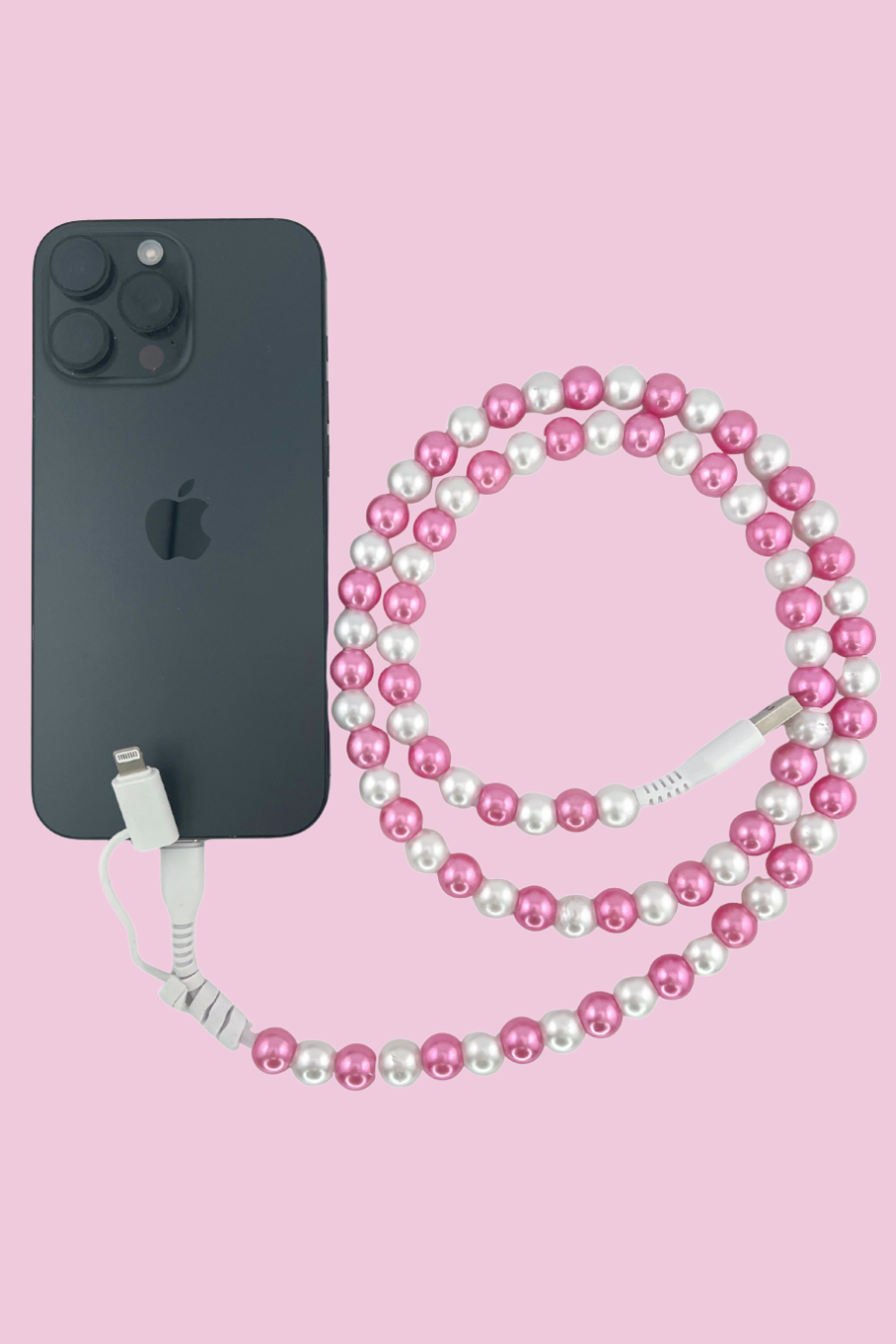 2 in 1 Beaded USB Charger- Pink/White Pearl