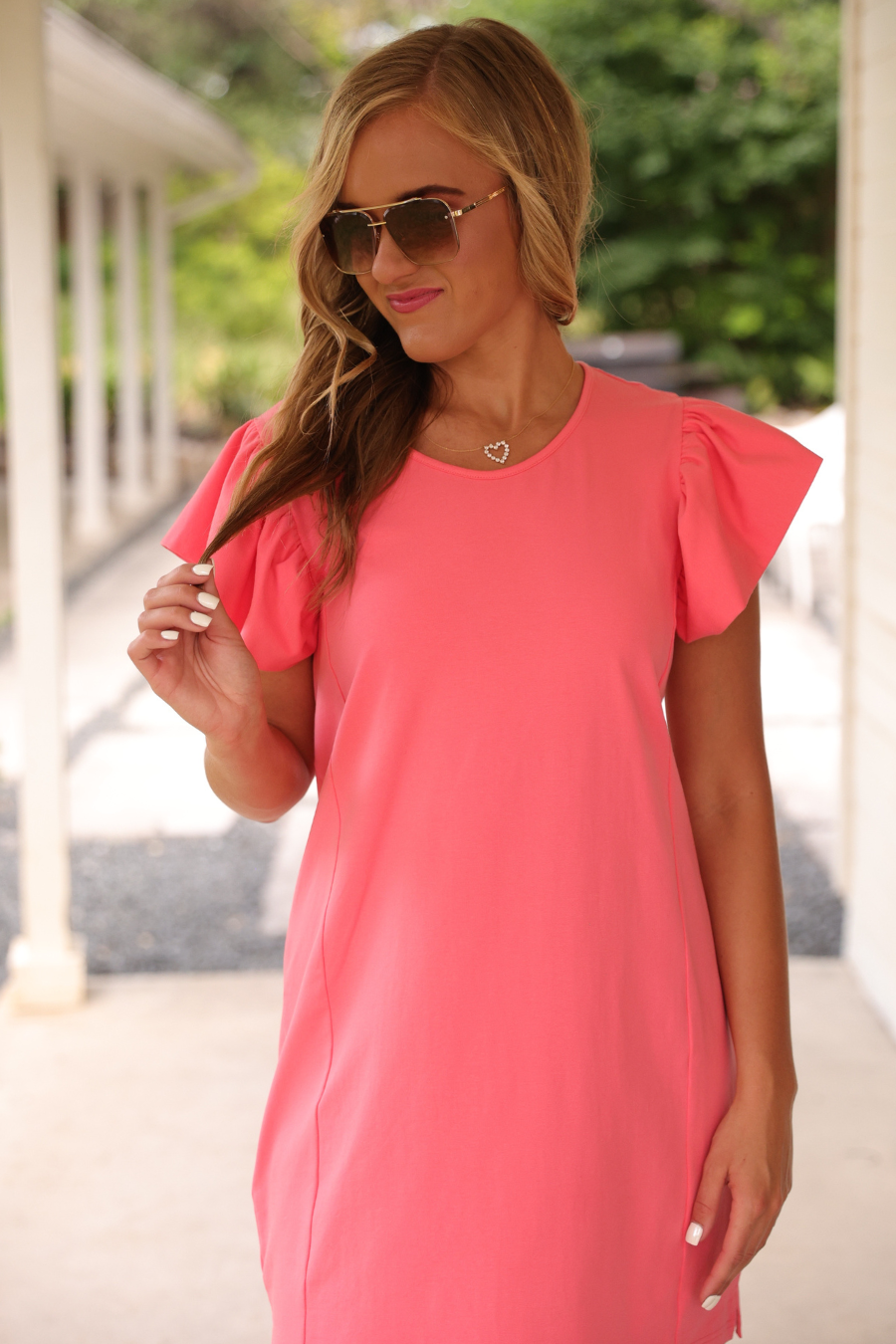 Caitlin Flutter Sleeve Dress, Coral