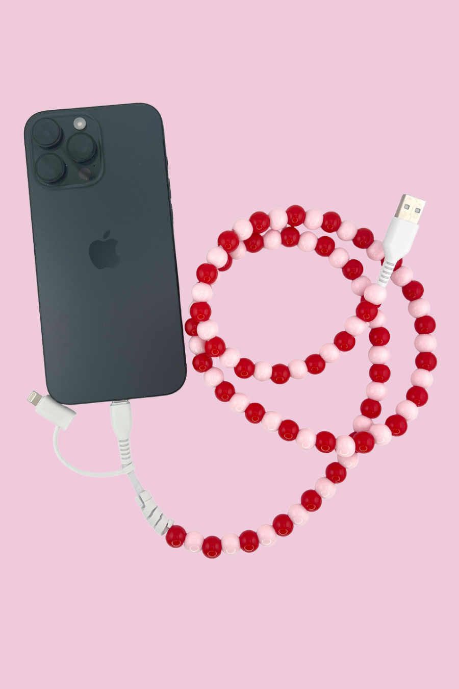 2 in 1 Beaded USB Charger- Pink/Red