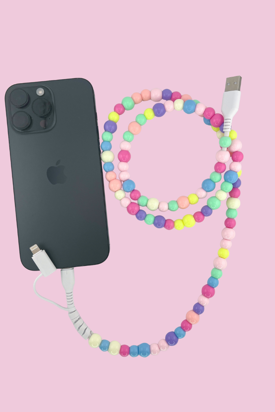 2 in 1 Beaded USB Charger- Multi Pastel