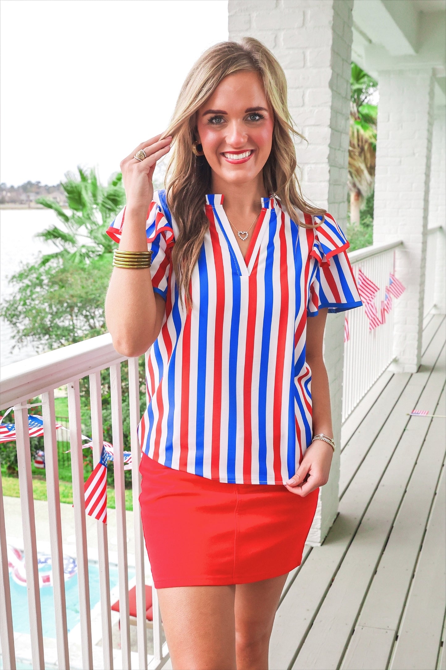 PREORDER- Kennedy Flutter Sleeve Blouse- Patriotic Stripes