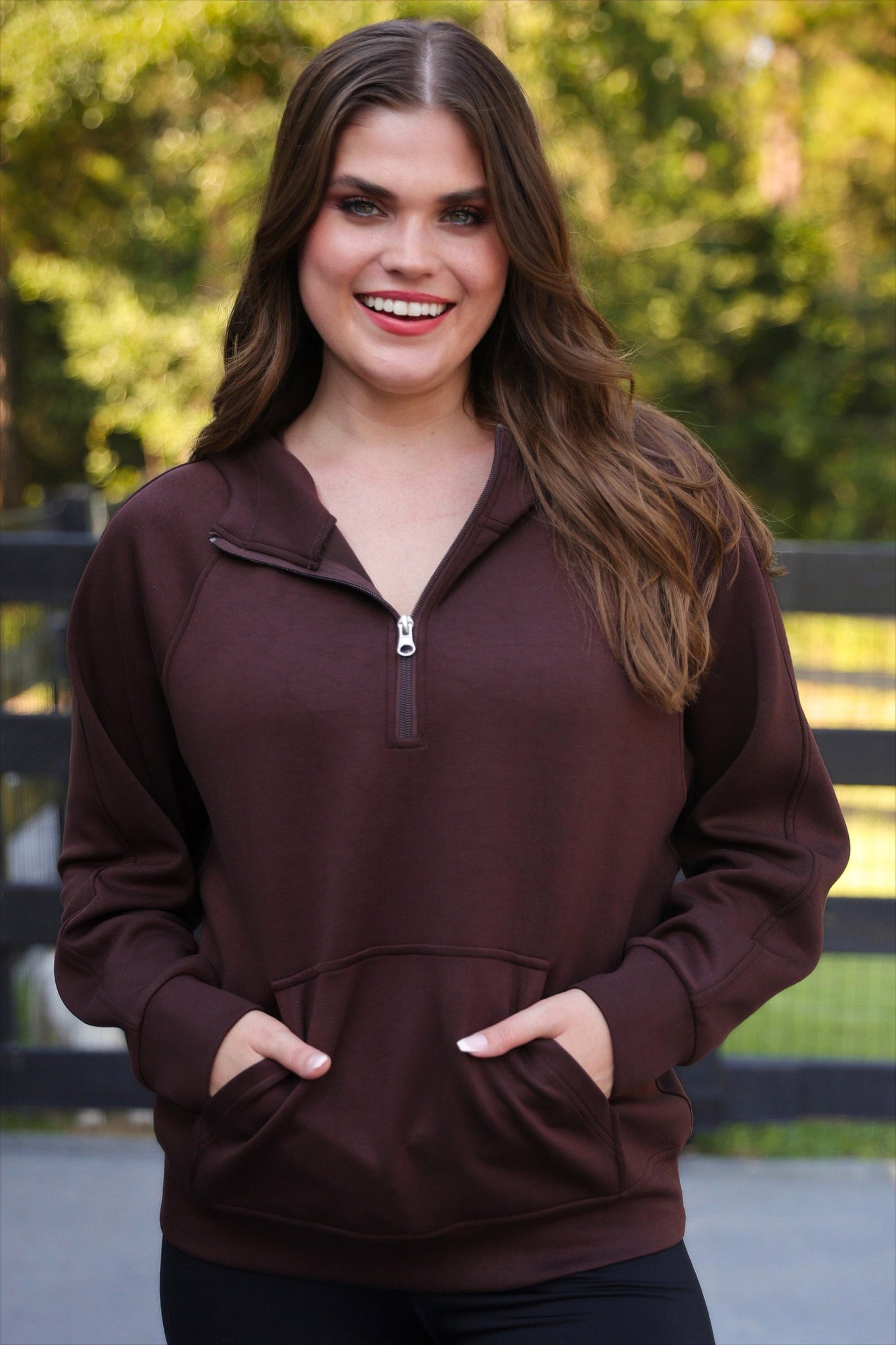 PREORDER- Kayla Luxe Hooded Quarter Zip Pullover- Chocolate