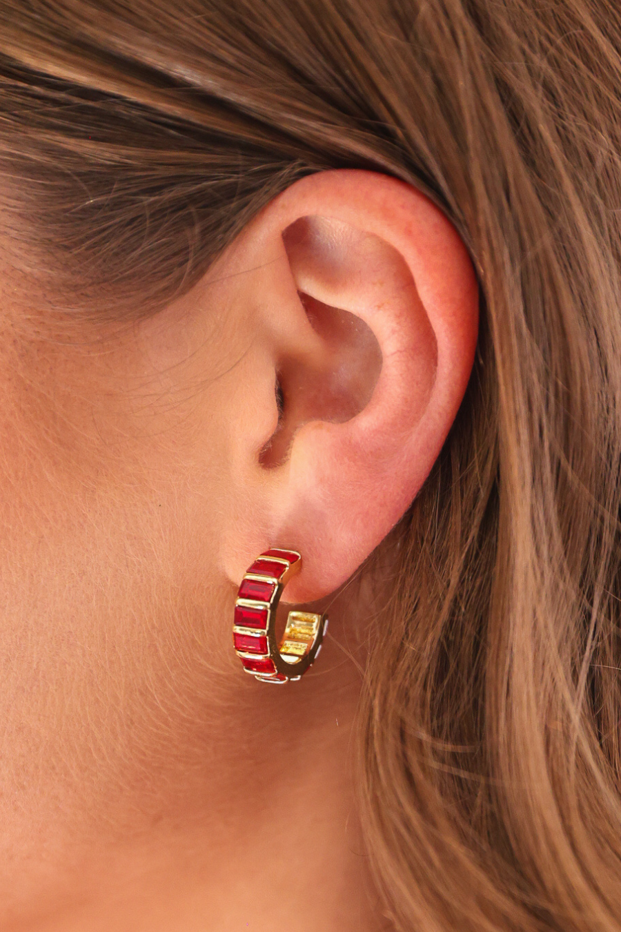 Baguette Stone C-Hoop Earrings- Red