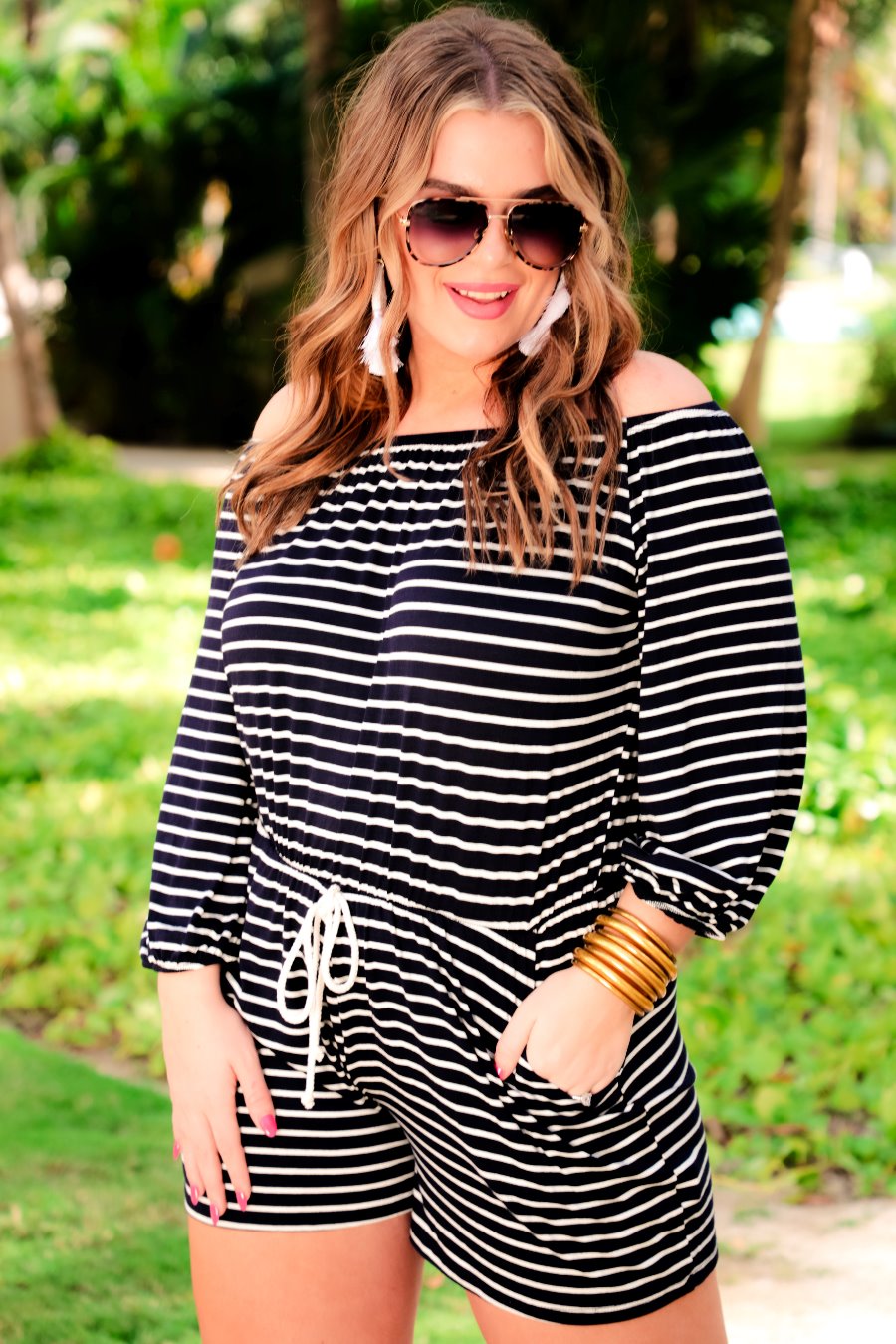 Laguna Beach Striped Off The Shoulder Romper