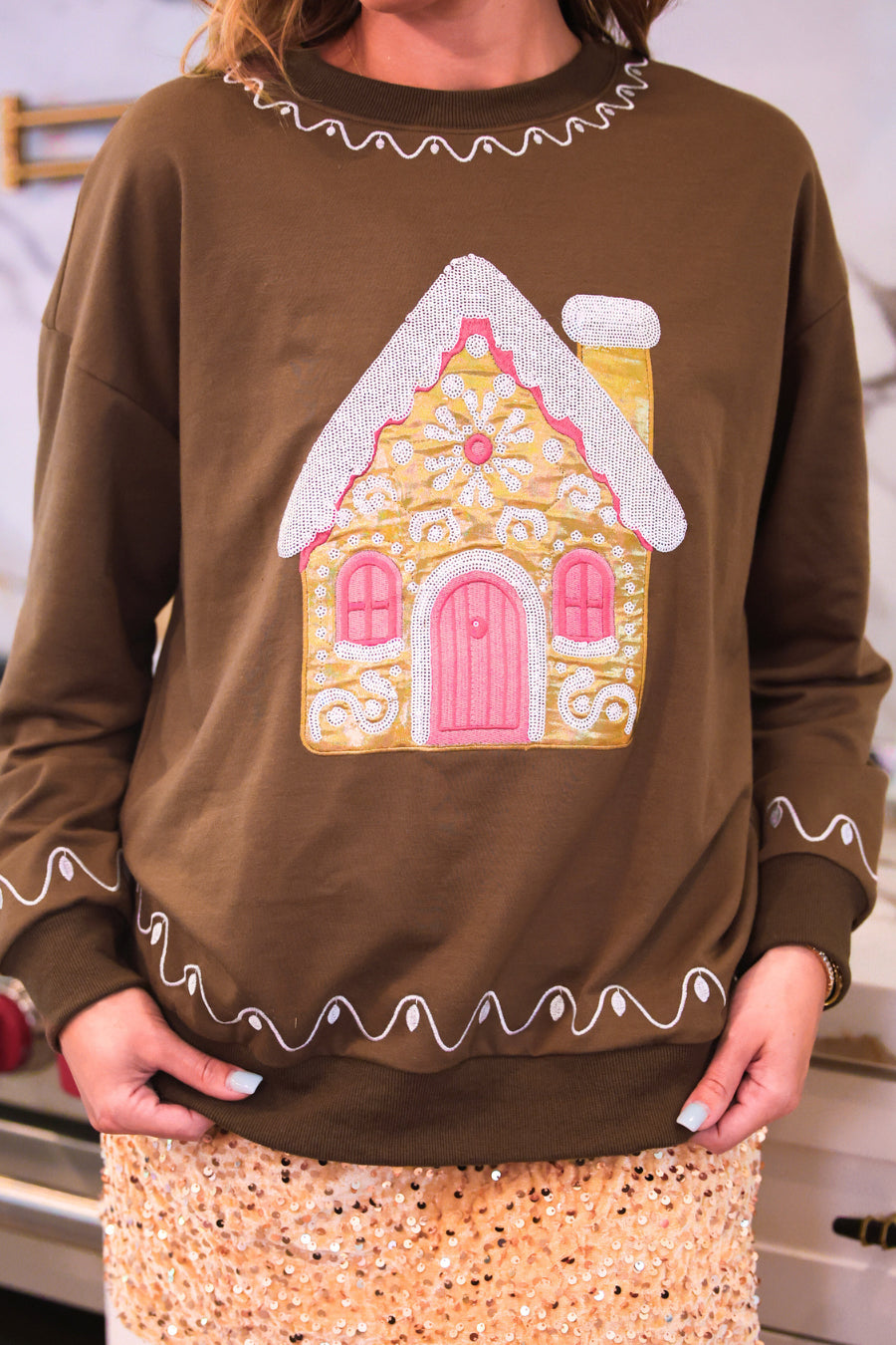 PREORDER- Foil Gingerbread House Pullover