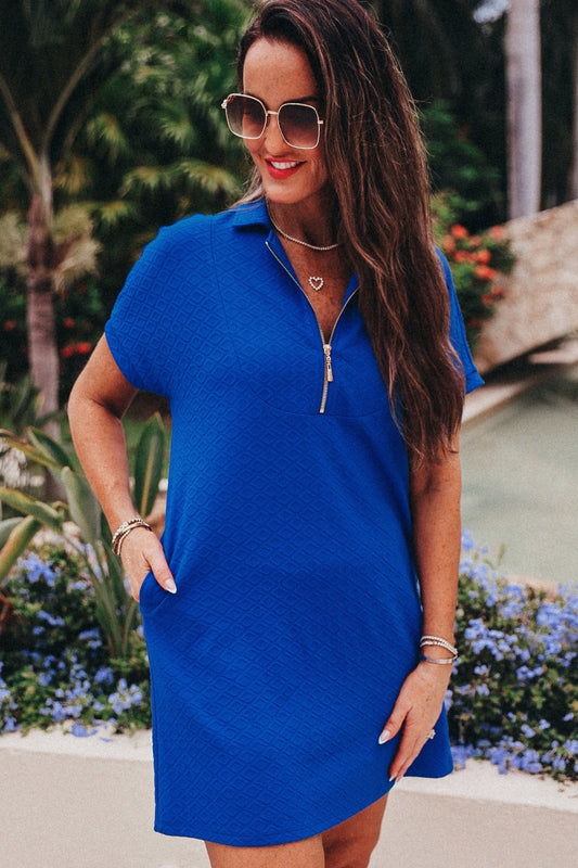Ezra Textured Zipper Dress- Royal Blue