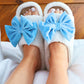 Open Toe Cozy Bow Slippers- White/Blue