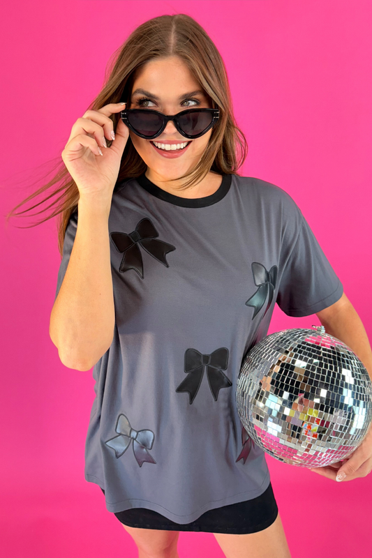 PREORDER-Faux Leather Bow Oversized Tee