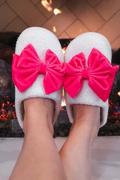 PREORDER- Cozy Bow Slippers- White/Hot Pink