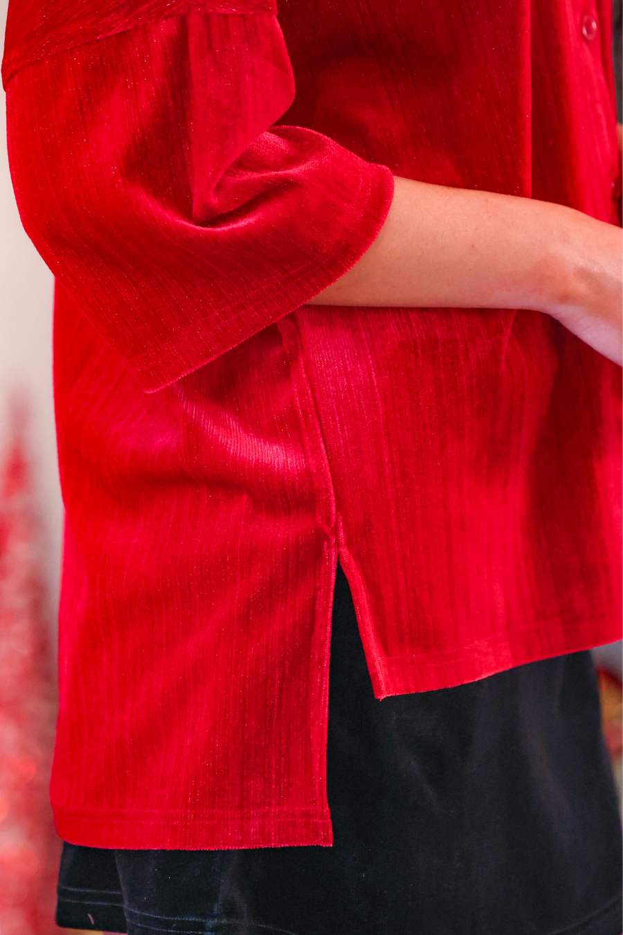 PREORDER- Prim Button Up Velvet Top- Red