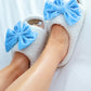 Open Toe Cozy Bow Slippers- White/Blue