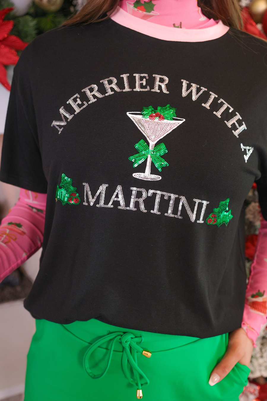 Merrier with a Martini Sequin Embroidered Tee