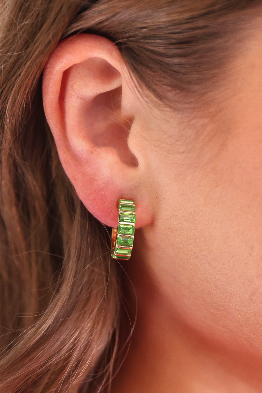 Baguette Stone C-Hoop Earrings- Green