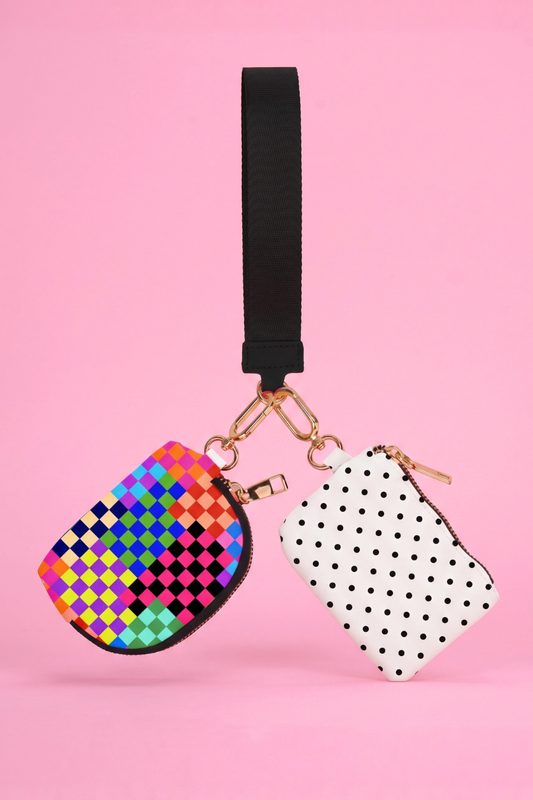 PREORDER- Double Pouch Wristlet- Check Me Out/Polka Dot