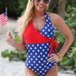 Liberty Wave Halter Swimsuit, Red/Blue
