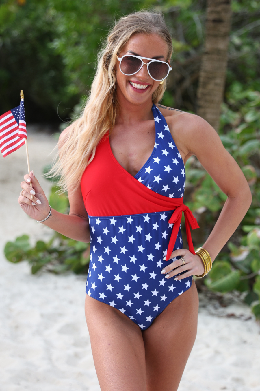 Liberty Wave Halter Swimsuit, Red/Blue
