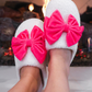 PREORDER- Cozy Bow Slippers- White/Hot Pink