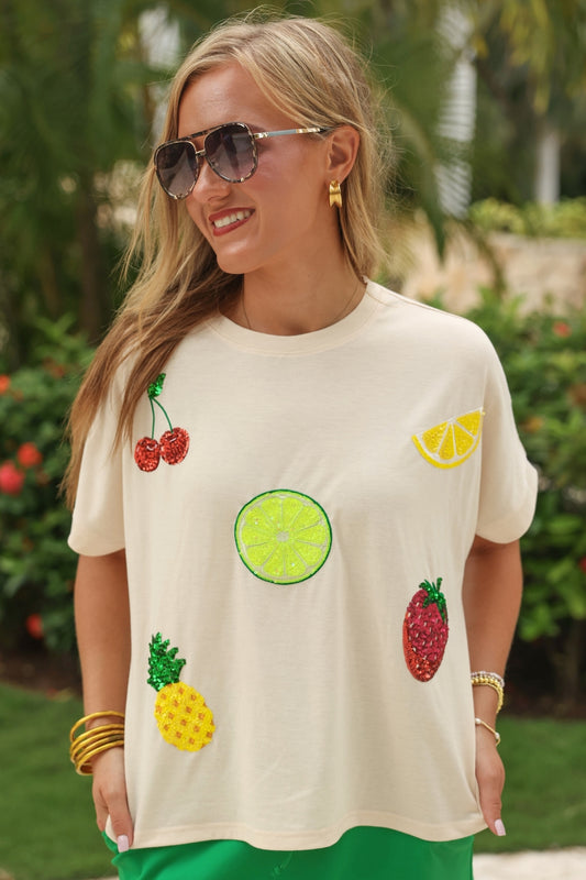 PREORDER- Tropical Fruit Sequin Patch Top