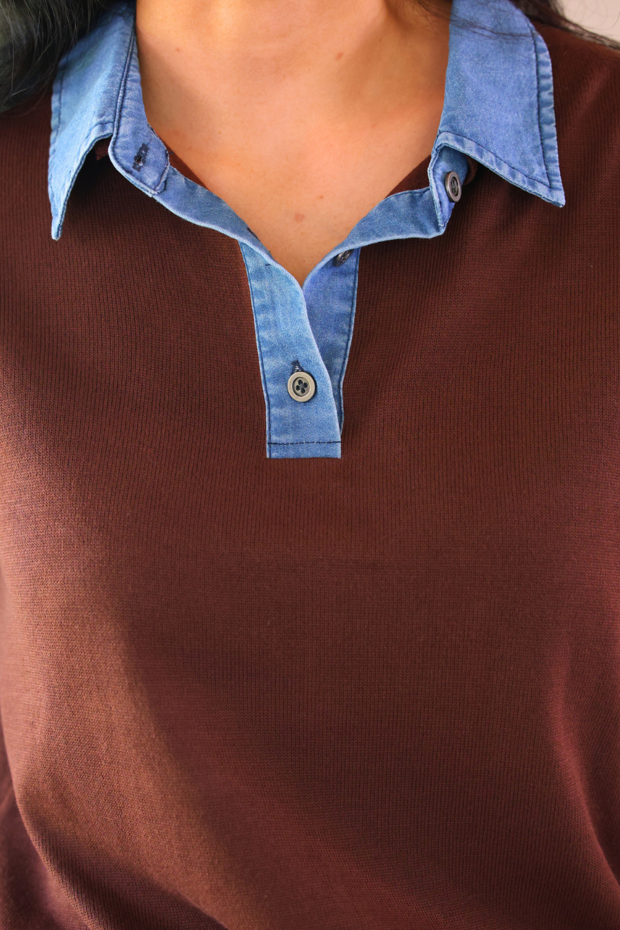 PREORDER- Denim Trim Knit Sweater- Chocolate