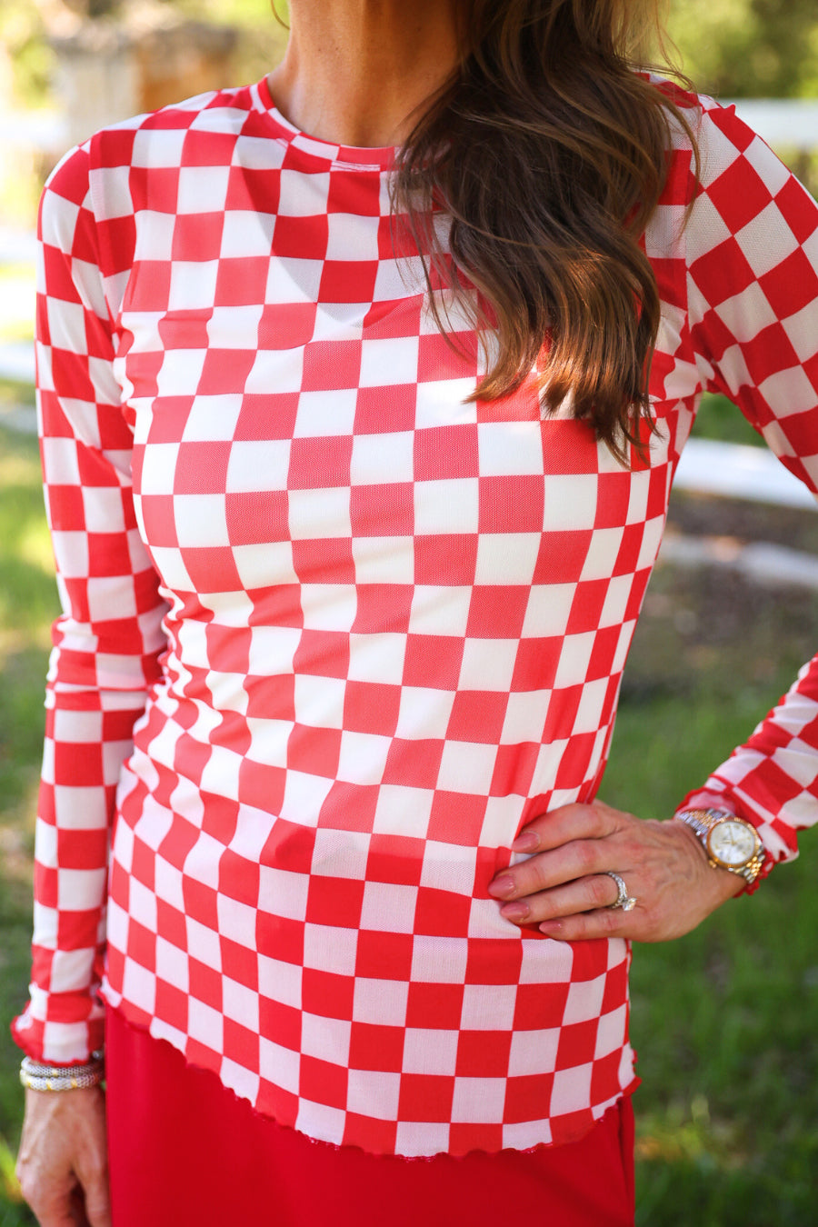 PREORDER- Alyssa Mesh Top- Red Checkered
