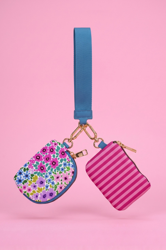 PREORDER- Double Pouch Wristlet- Falling for Florals/Bubblegum Stripes