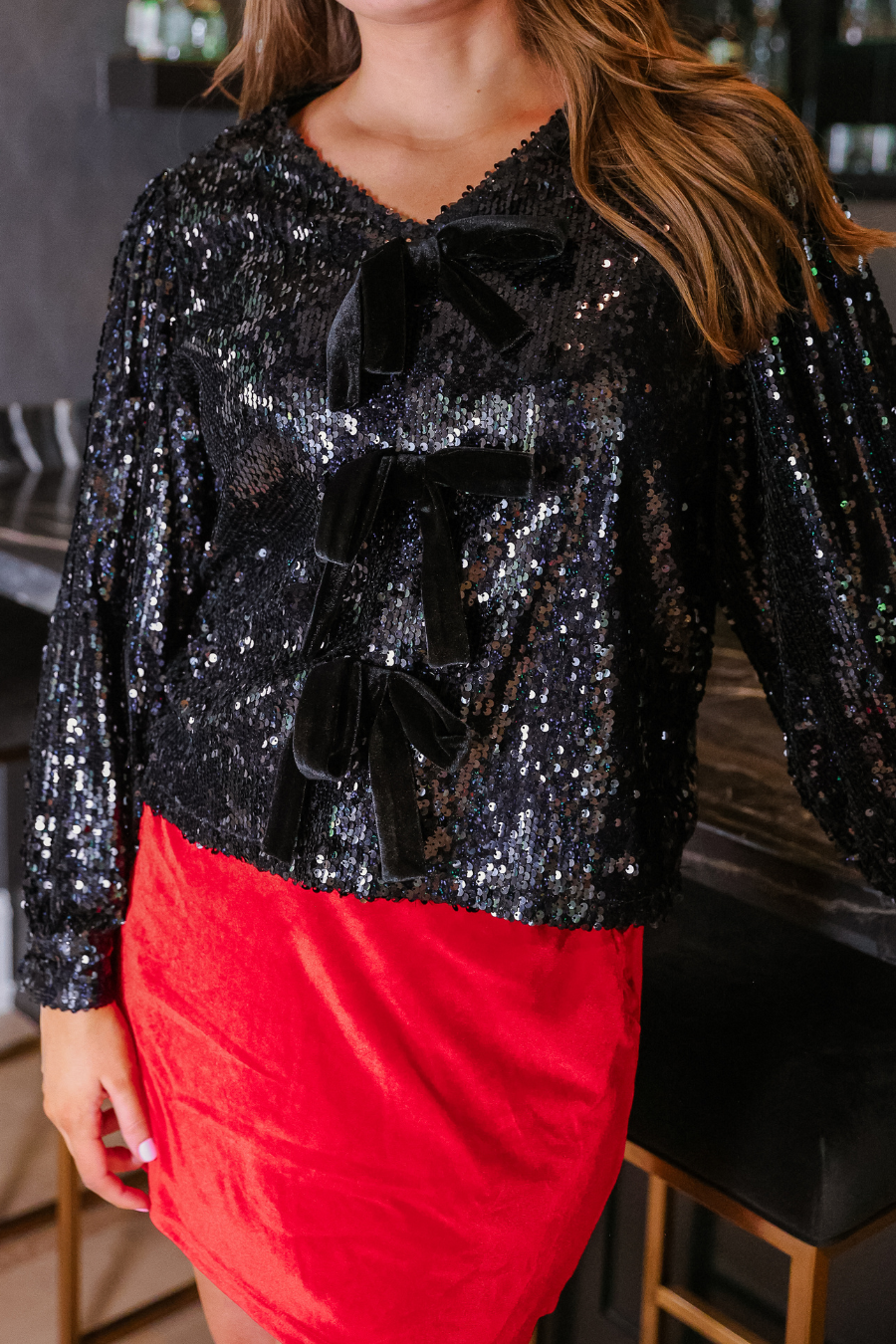 PREORDER- Betty Bow Top - Black Sequin