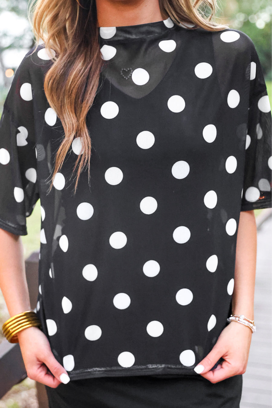 PREORDER- Emma Mesh Tee- After Dark Polka Dot