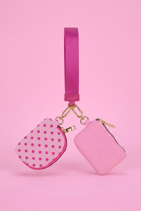 PREORDER- Double Pouch Wristlet- Pink Polka Dot