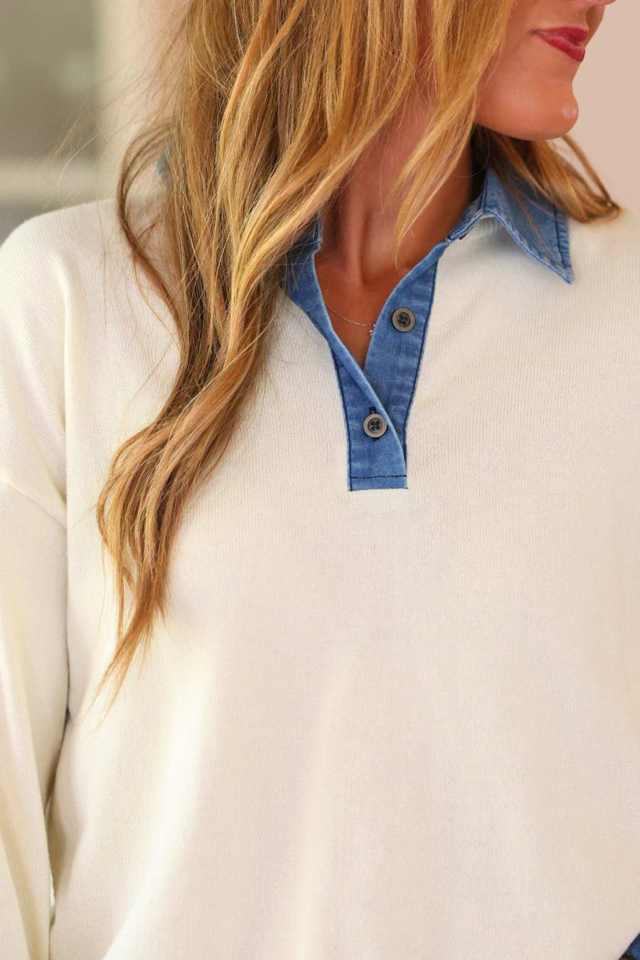 PREORDER- Denim Trim Knit Sweater- Cream