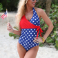 Liberty Wave Halter Swimsuit, Red/Blue