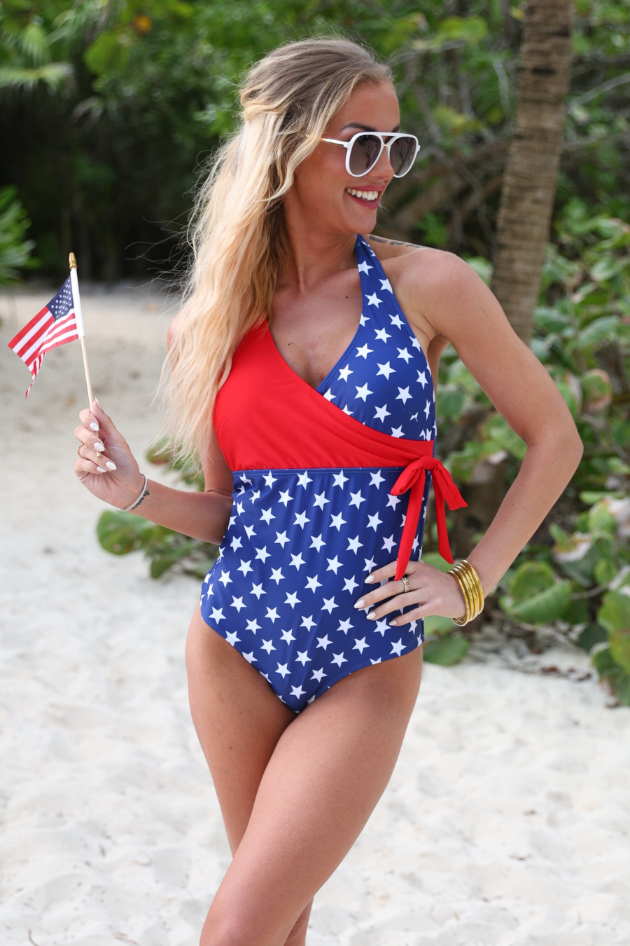 Liberty Wave Halter Swimsuit, Red/Blue