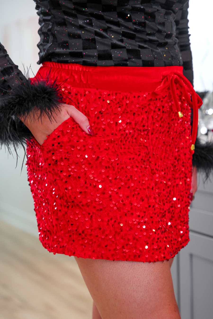 Velvet Hour Sequin Skort- Red