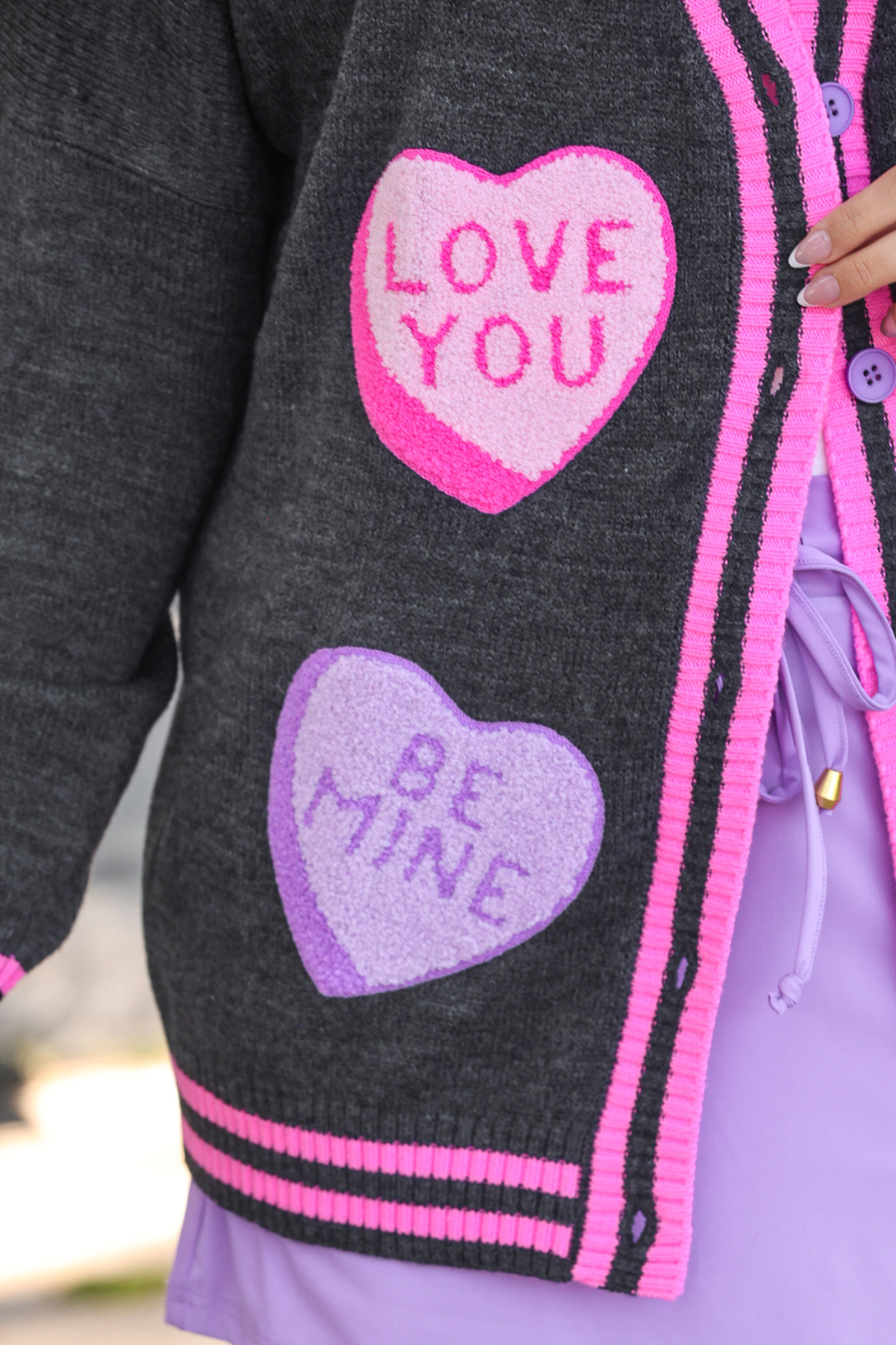 PREORDER- Chenille Patch Candy Hearts Relaxed Cardigan