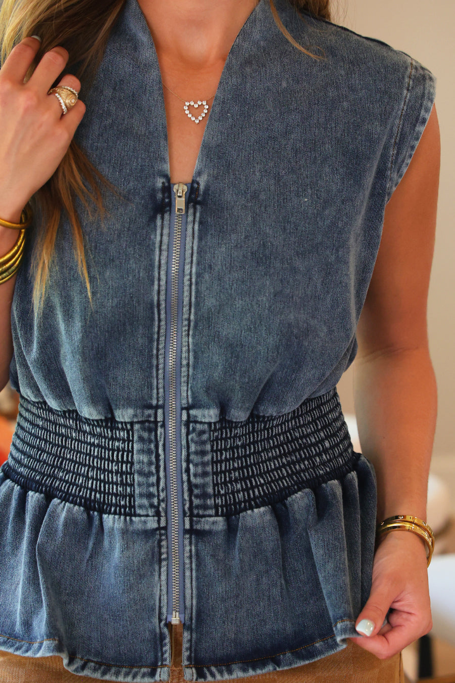 PREORDER- Refined Denim Peplum Top- Light Wash