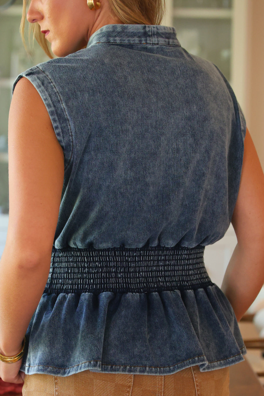 PREORDER- Refined Denim Peplum Top- Light Wash