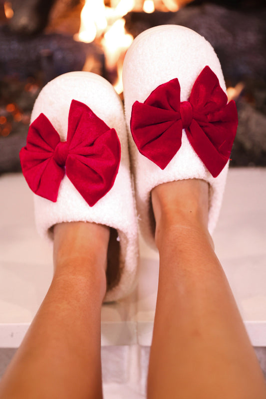 PREORDER- Cozy Bow Slippers- White/Red