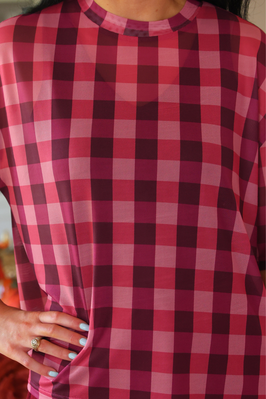 PREORDER- Emma Mesh Tee- Cranberry Gingham