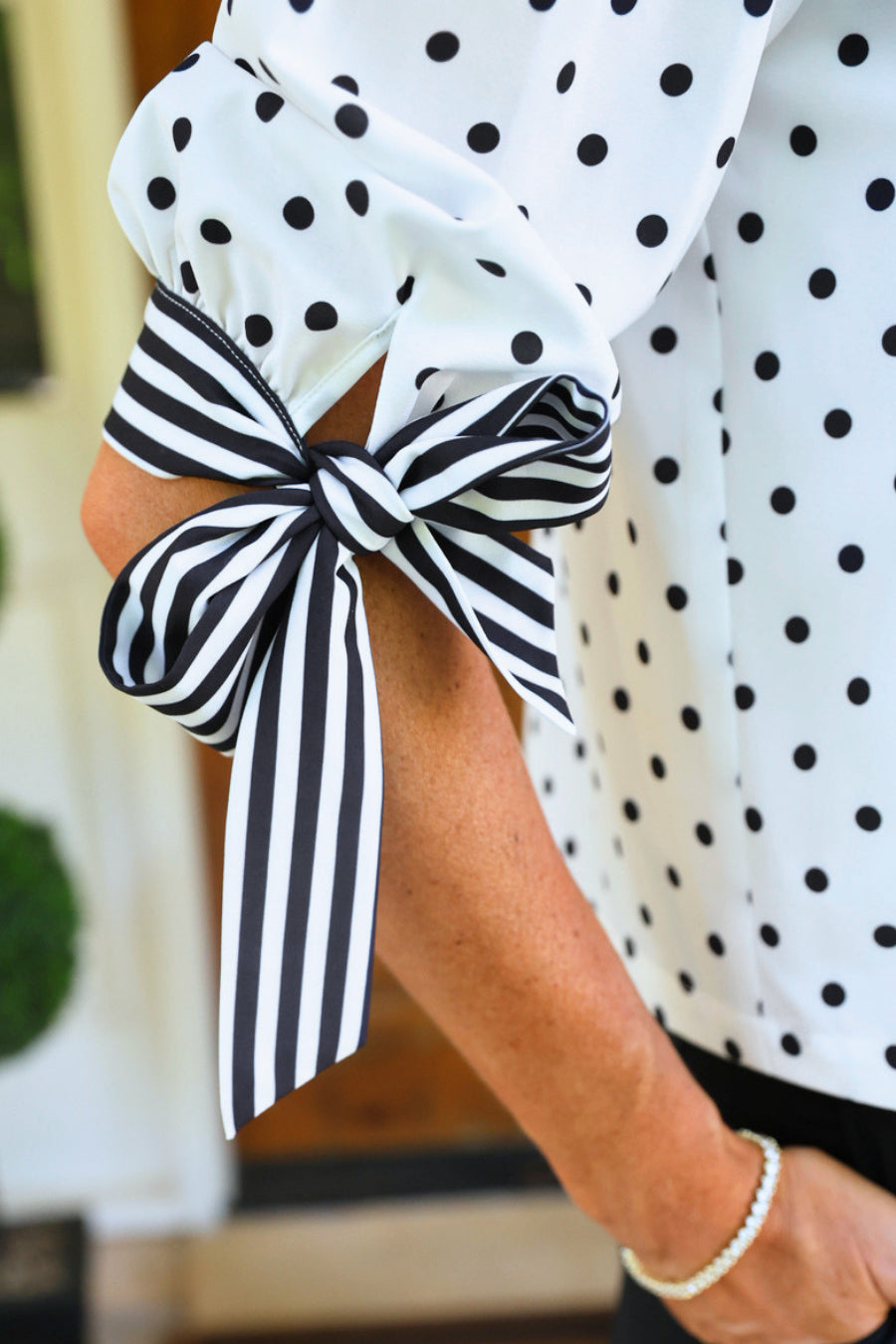 PREORDER- Cassidy Tie Sleeve Top- White Polka Dot/Stripes