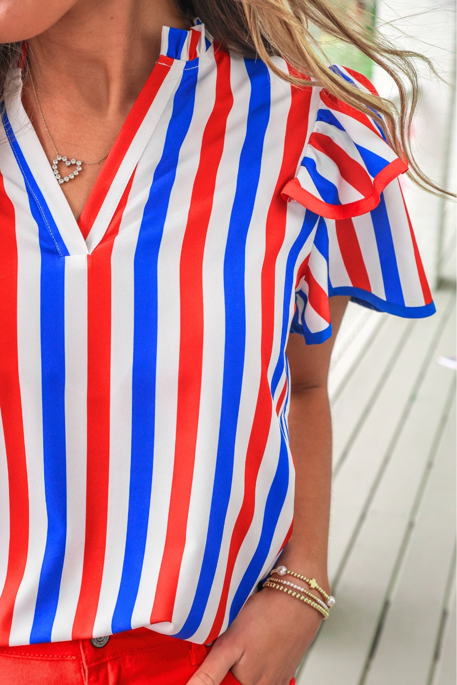 PREORDER- Kennedy Flutter Sleeve Blouse- Patriotic Stripes