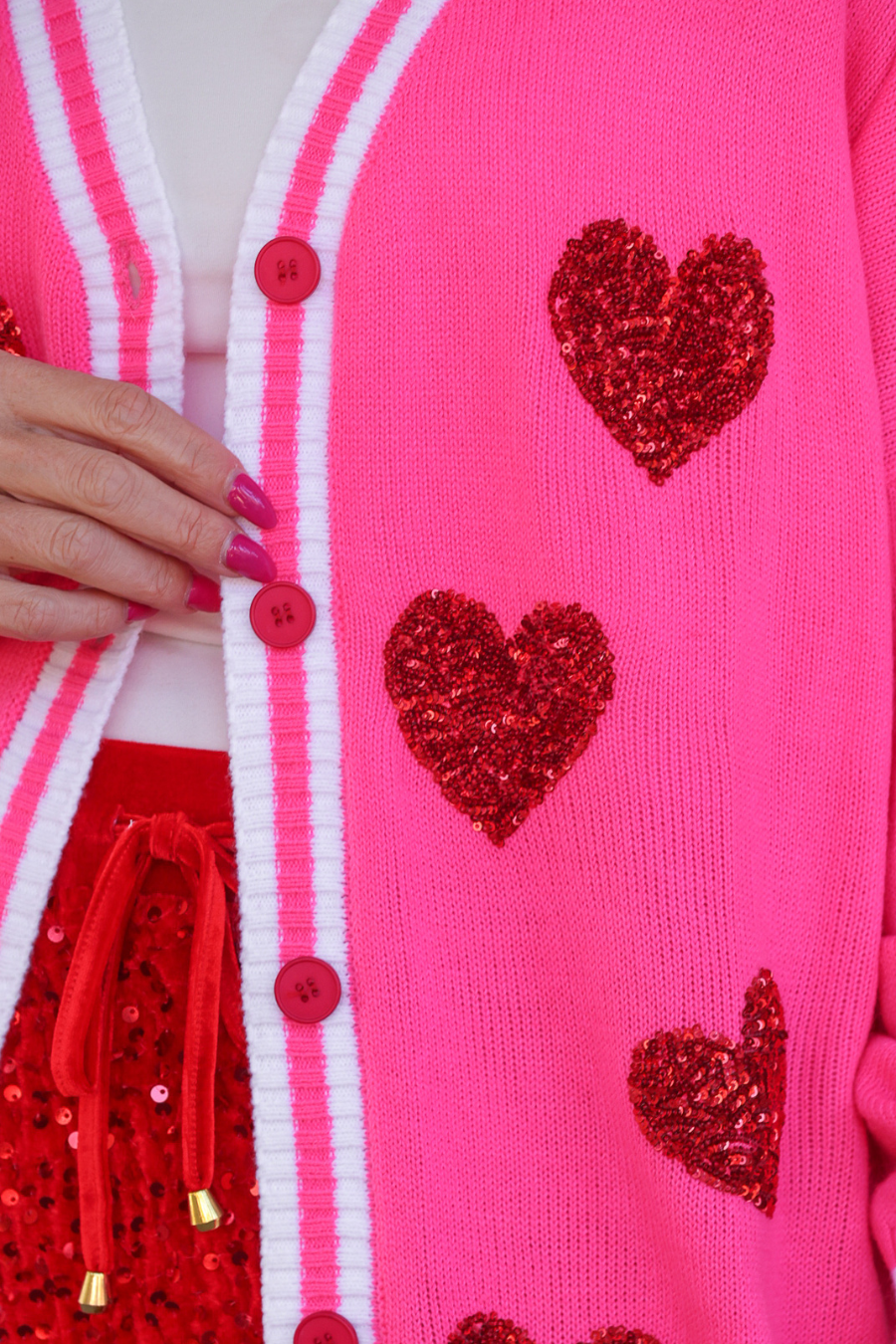 PREORDER- Sequin Patch Happy Hearts Relaxed Cardigan
