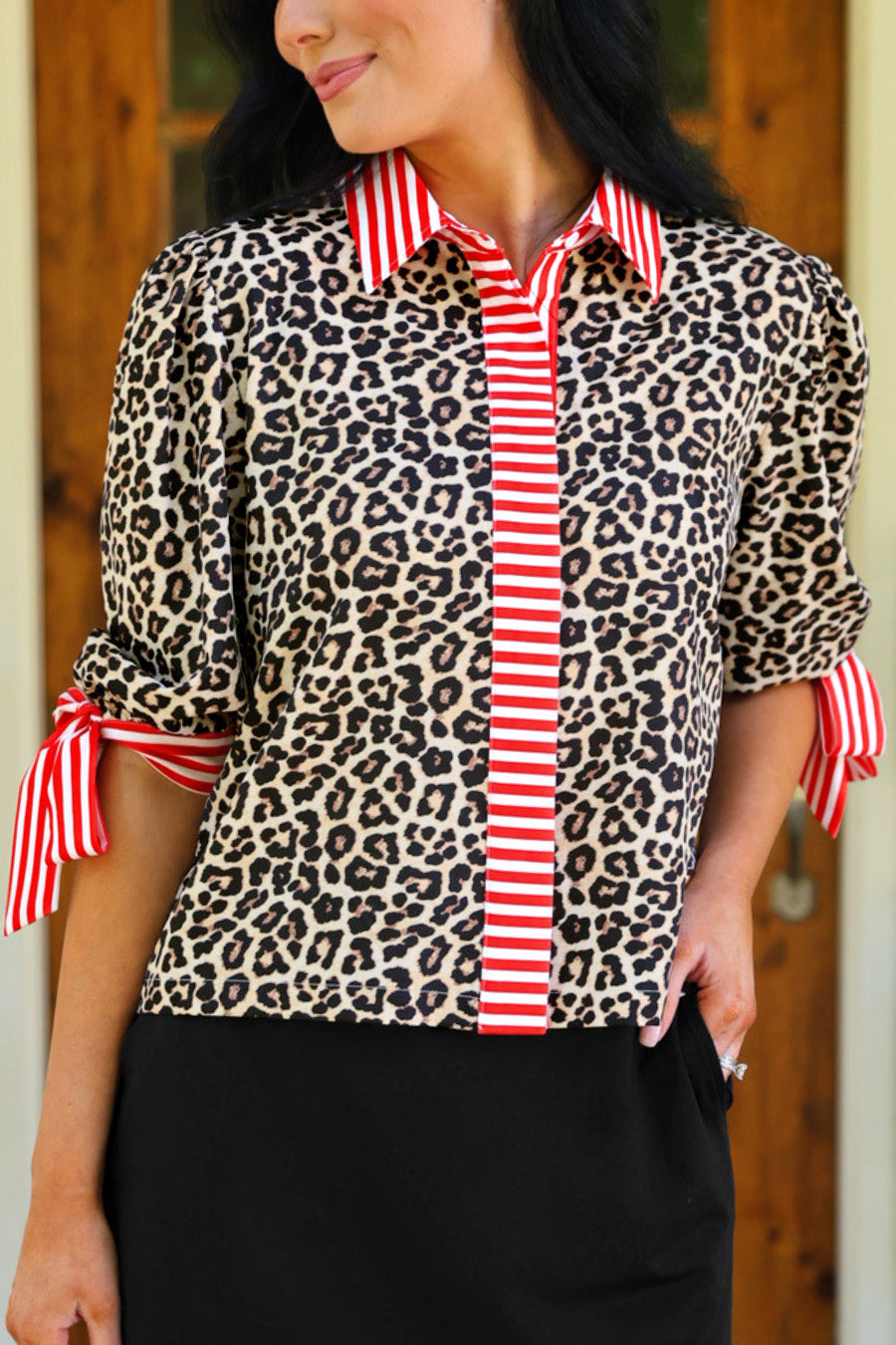 PREORDER- Cassidy Tie Sleeve Top- Leopard/Red Stripes