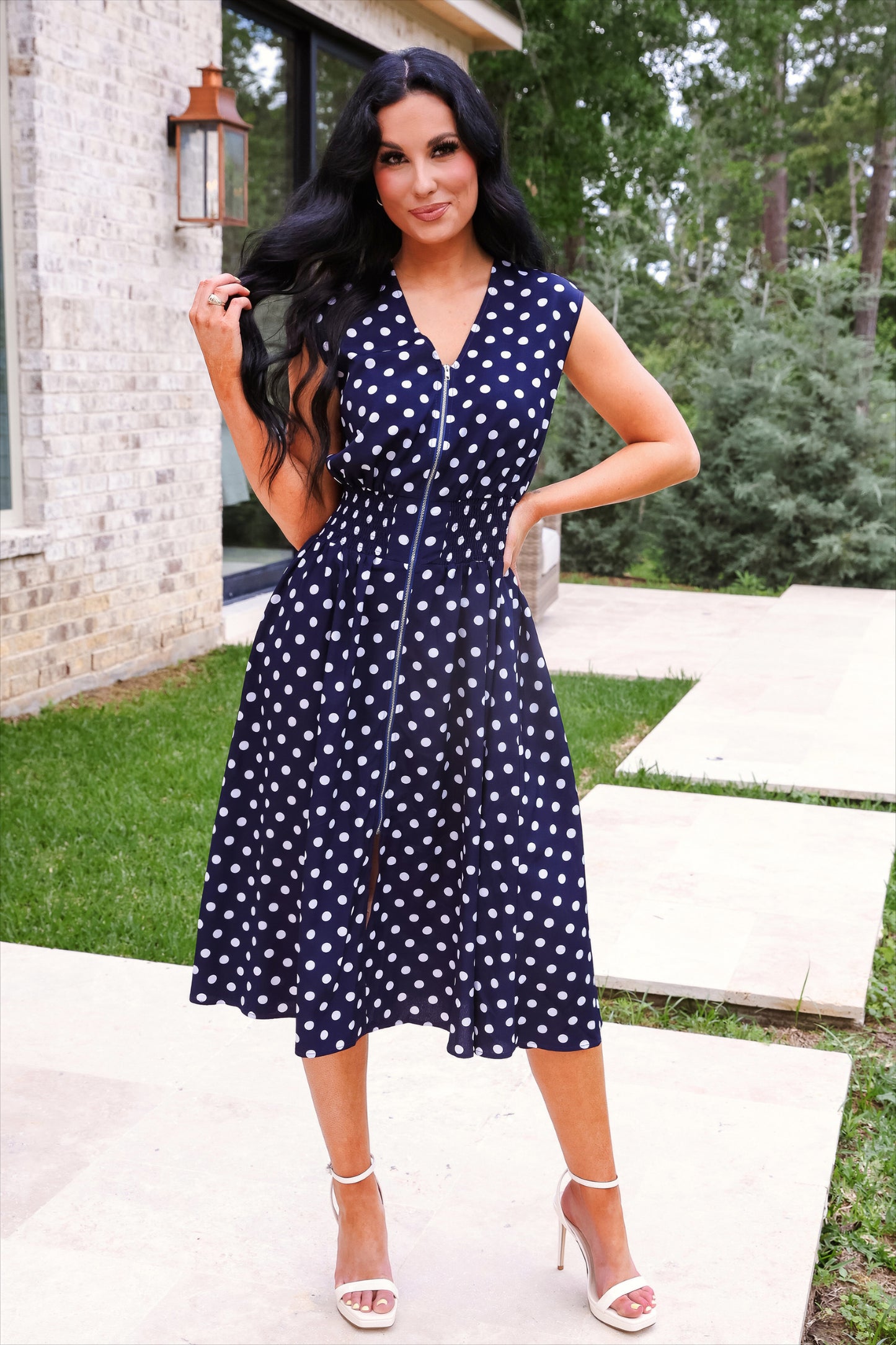 Annie Midi Zipper Dress- Navy Polka Dot