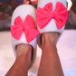 PREORDER- Cozy Bow Slippers- White/Hot Pink